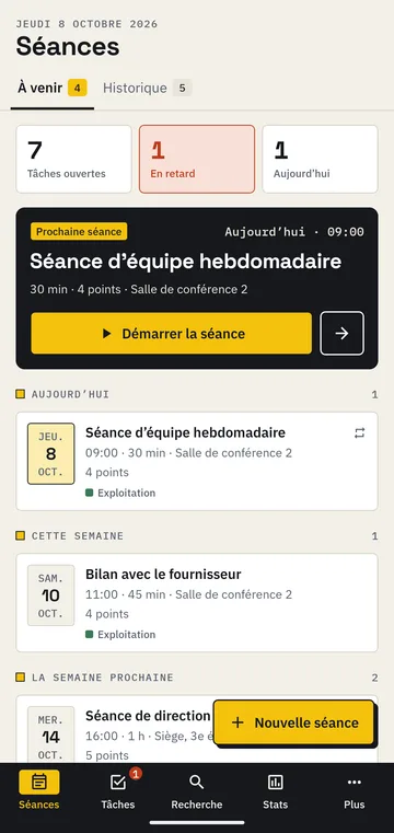 Écran d’accueil : compteurs des tâches ouvertes, en retard et pour aujourd’hui, prochaine séance avec le bouton « Démarrer la séance », liste des séances à venir.