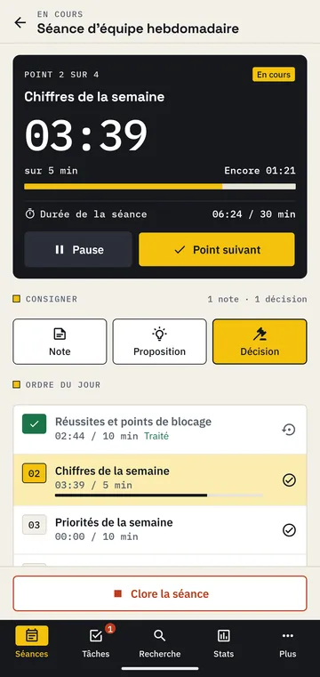 Séance en cours : grand chronomètre du point traité, temps restant, durée totale de la séance, boutons Pause et Point suivant, saisie d’une note, d’une proposition ou d’une décision.