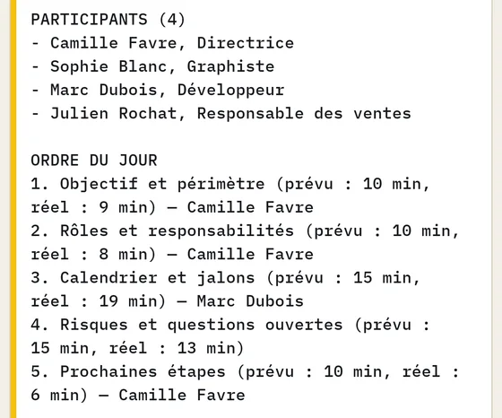 Aperçu du procès-verbal d’une séance : liste des participants avec leur fonction, ordre du jour avec la durée prévue et la durée réelle de chaque point, notes et propositions.